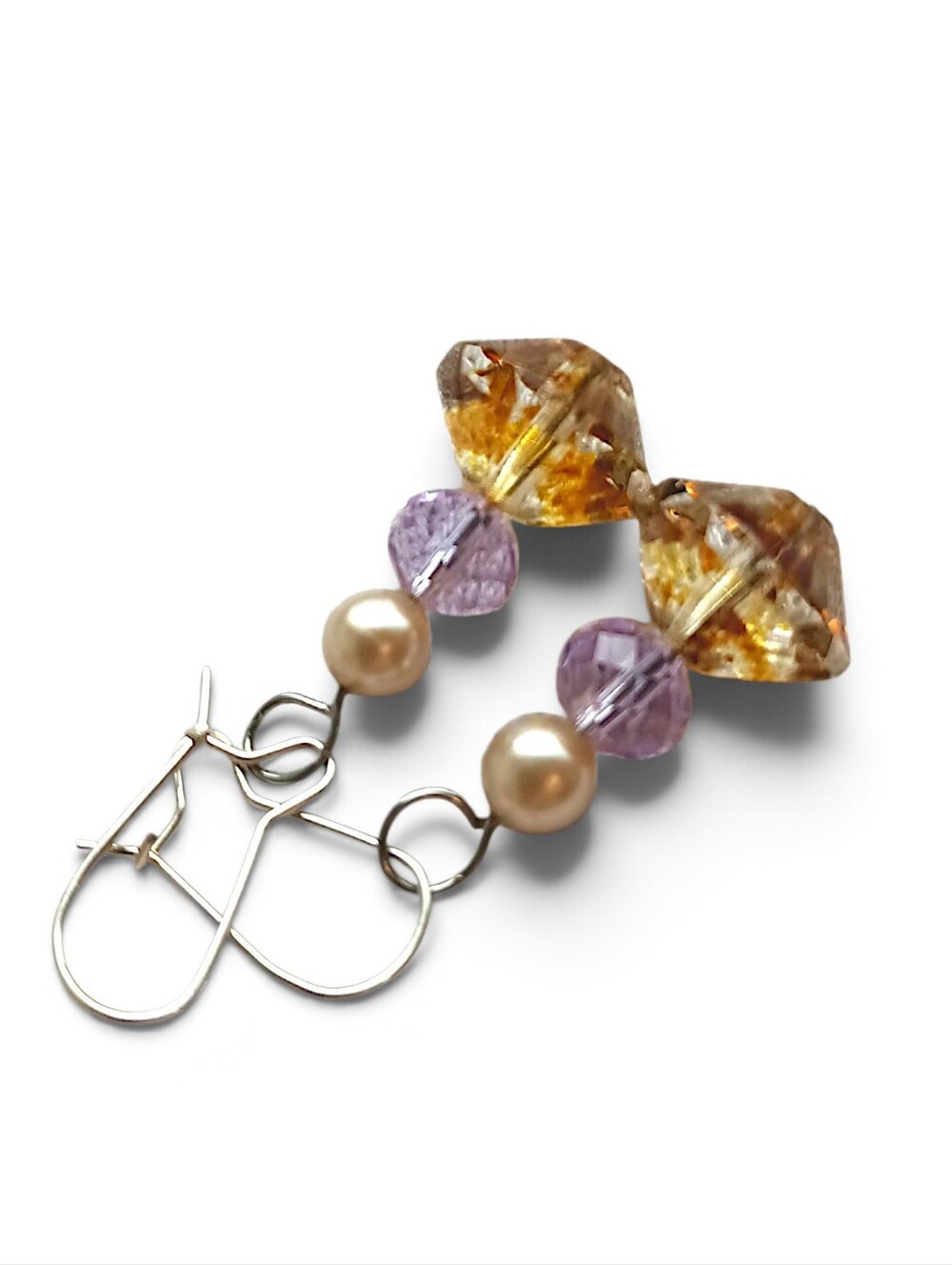 Hand Crafted Gold and Lavender Bead Drop Earrings with Elegant Pearl Accents